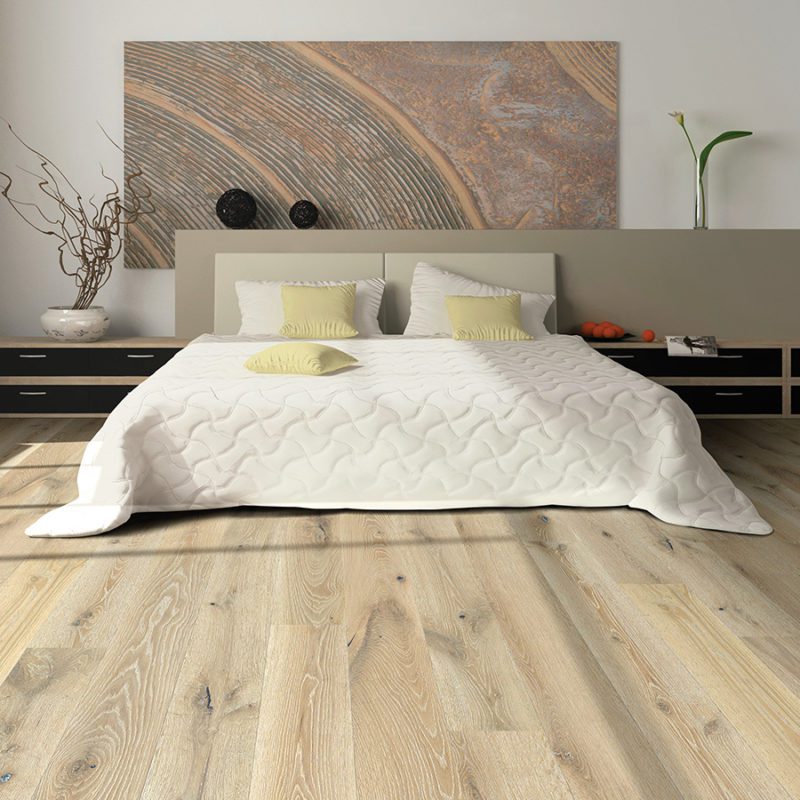 Bedroom with light wire-brushed oak hardwood floor