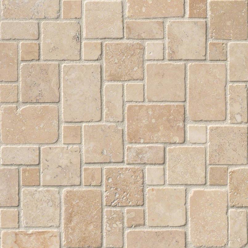 Ivory tumbled travertine laid in a mini Versailles pattern