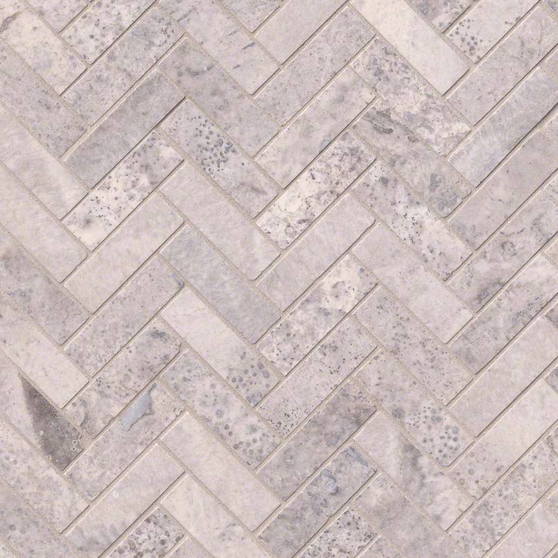 Silver honed travertine in a herringbone pattern