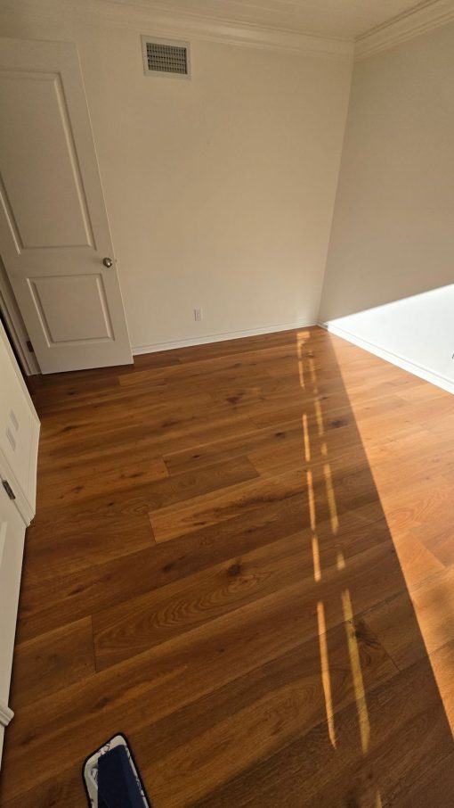 Completed French oak hardwood floor in a Woodland Hills home