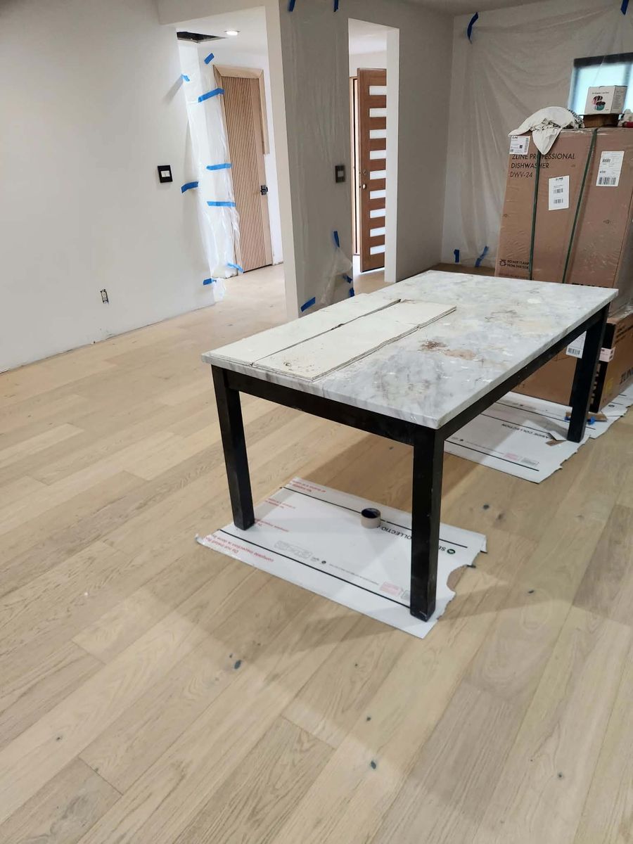 Engineered oak hardwood flooring in the living area of a Calabasas remodel