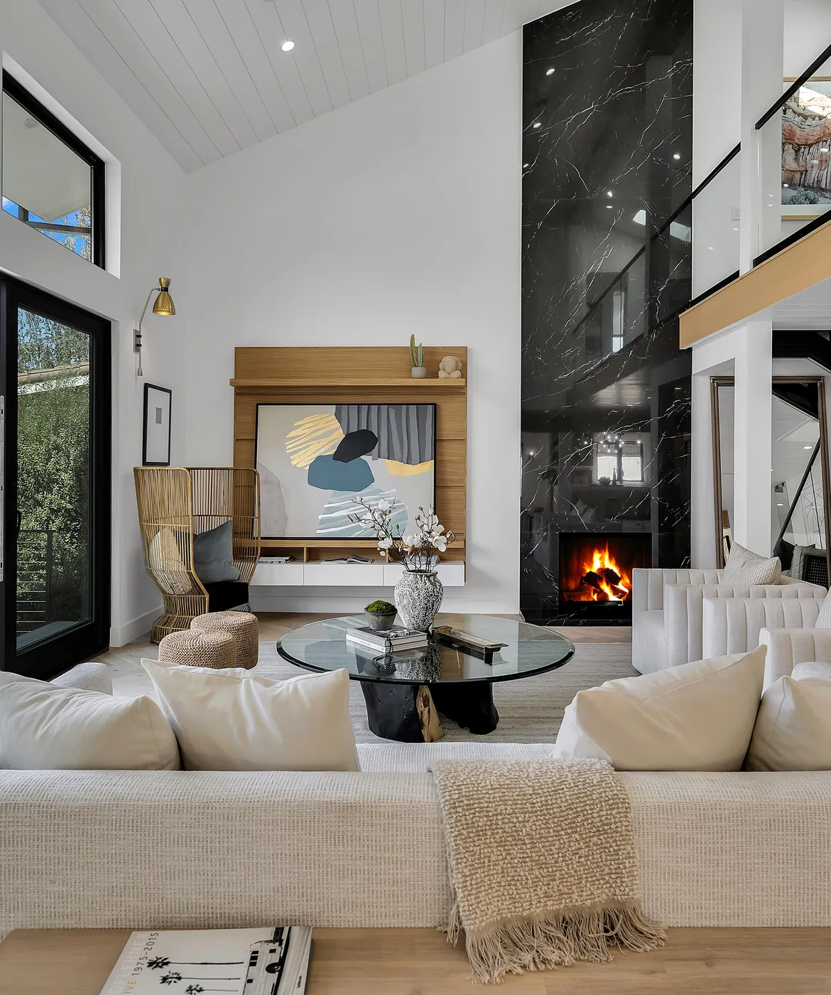 Living room with fireplace and light hardwood, Glamour Flooring project