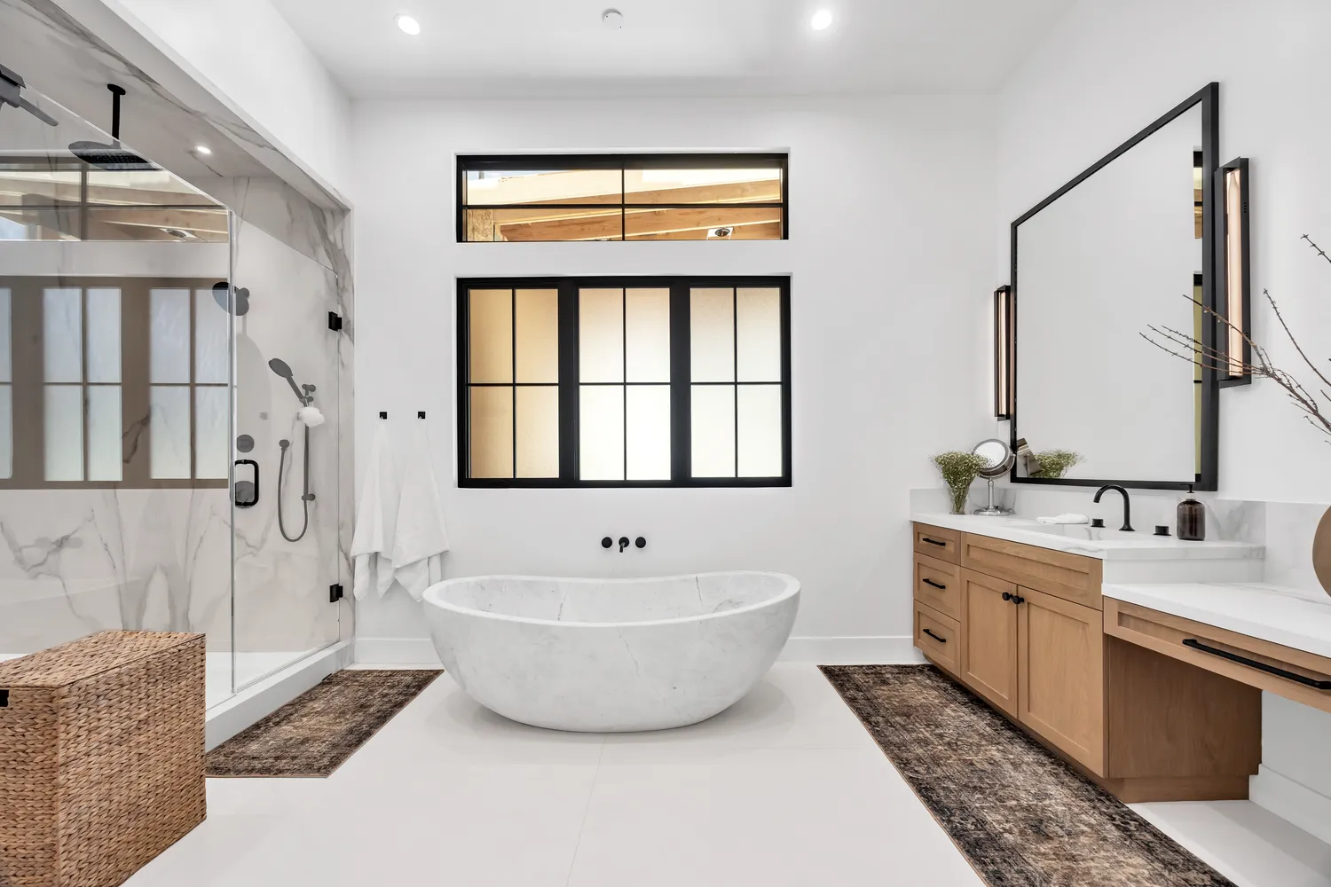 Bathroom with soaking tub and oak vanity, Glamour Flooring project