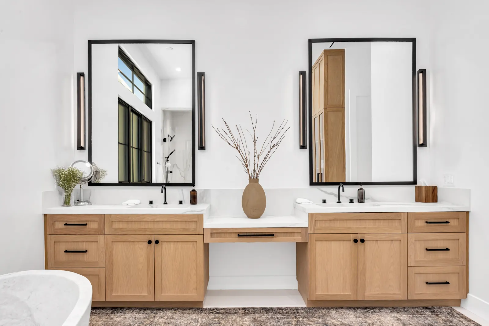 Double oak vanity with black-framed mirrors, Porter Ranch, Glamour Flooring project