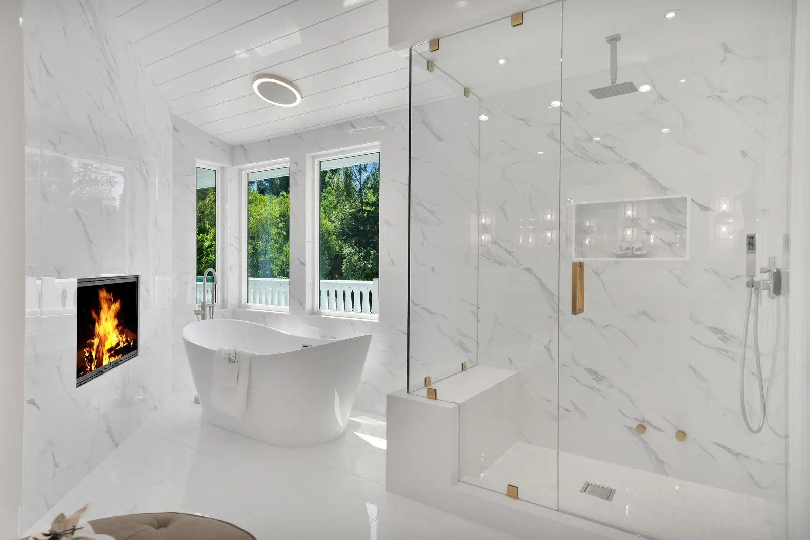 Primary bath with freestanding tub, fireplace and glass shower, Granada Hills, Glamour Flooring project