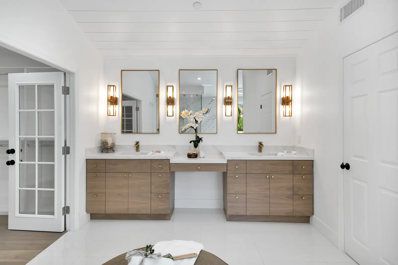 Bathroom with double vanity and sconces, Granada Hills, Glamour Flooring project