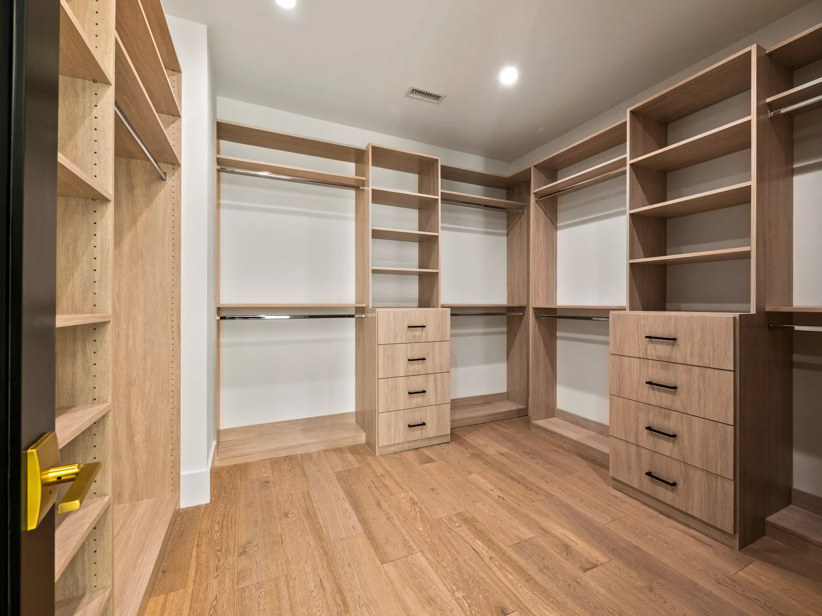 Walk-in closet with oak built-ins, Los Angeles, Glamour Flooring project